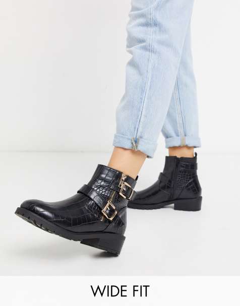 New Look Wide Fit - Bottines plates en PU effet croco style motard - Noir