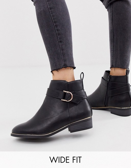 New Look Wide Fit buckle detail flat ankle boots in black | ASOS