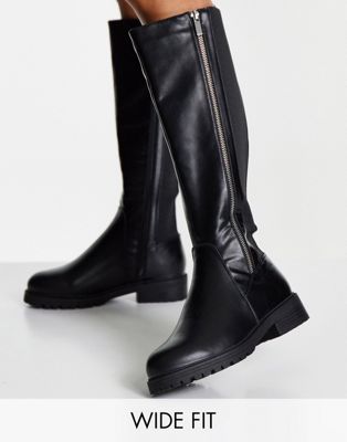 New Look Wide Fit knee high flat boot with zip detail in black