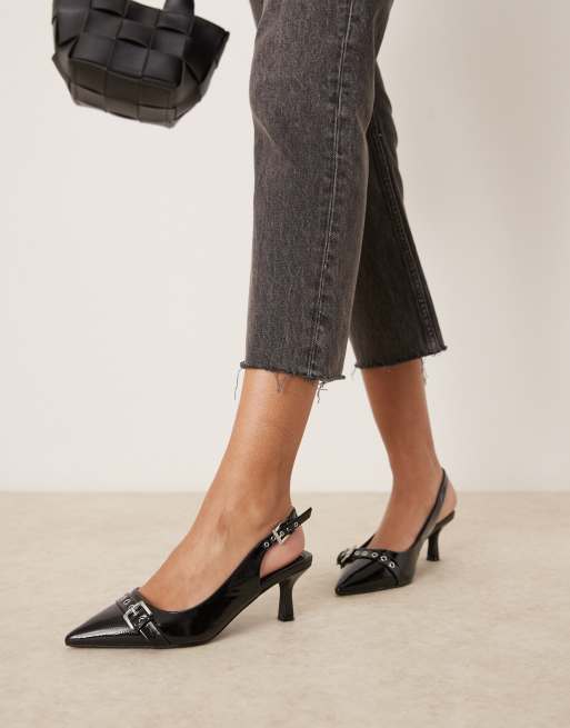 New Look Wide Fit buckle detail slingback heeled shoe in black