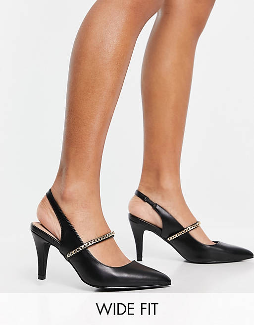  Heels/New Look Wide Fit chain detail court shoe in black 