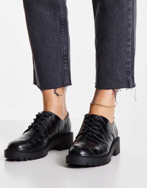 New Look Wide Fit chunky lace up shoe in black croc