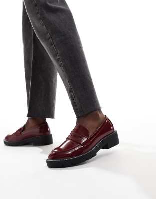 New Look Wide Fit chunky loafer with stitching in burgandy-Red