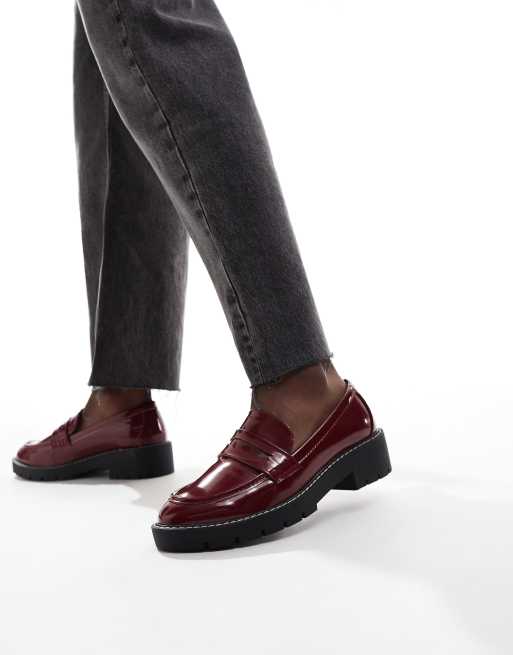 New Look Wide Fit chunky loafer with stitching in burgandy