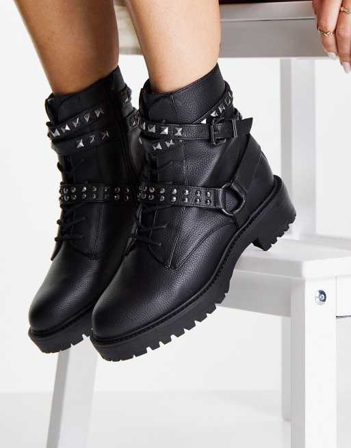 Black flat stud boots best sale