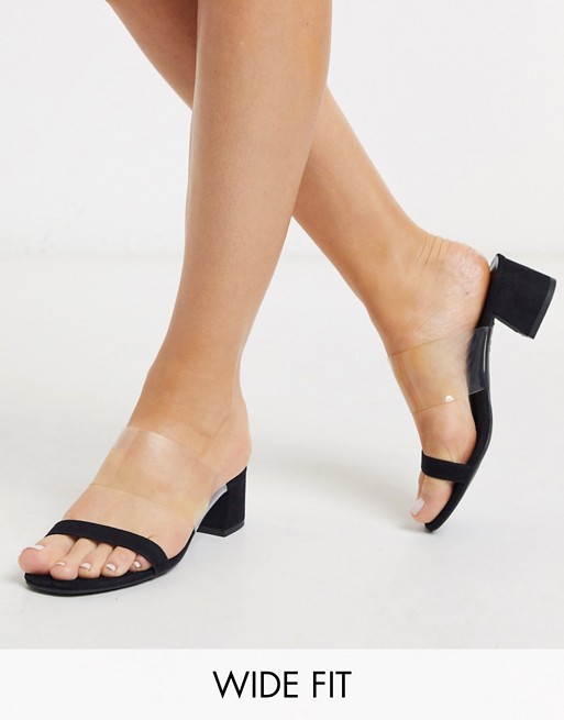 New Look Wide Fit clear strap heeled mule sandals in black