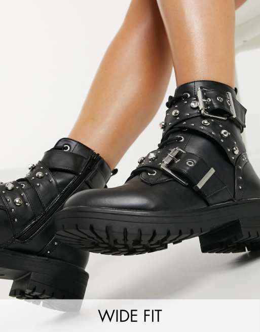 New Look Wide Fit diamante studded buckle detail flat boots in black