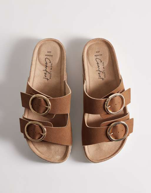 New Look Wide Fit double buckle espadrille jute sandal in tan, 2 of 4