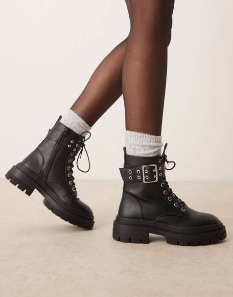 New Look Wide Fit double buckle lace up ankle boot in black - view 1