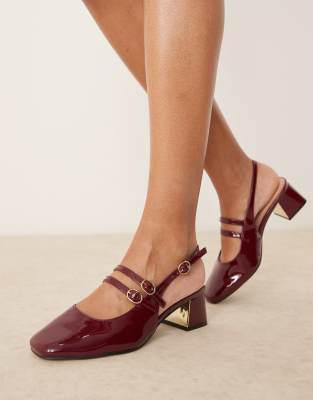 New Look Wide Fit New Look Wide Fit double buckle sling back heeled maryjane in burgundy-Red