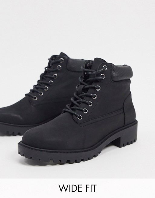 New Look wide fit faux leather lace up boots in black