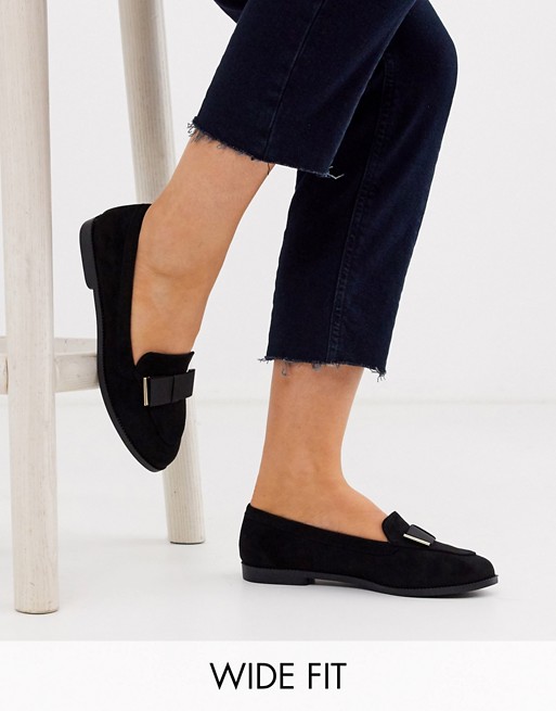 New Look Wide Fit faux suede bow loafers in black