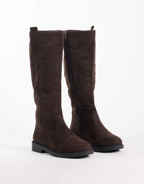 New Look Wide Fit faux suede pull on riding boot in dark brown - view 1