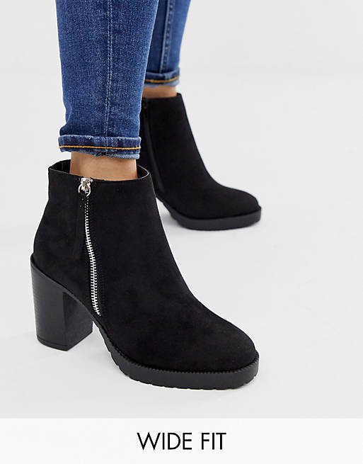 New Look Wide Fit faux suede zip detail heeled boots in black | ASOS