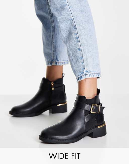 New Look wide fit flat boot with buckle detail in black | ASOS