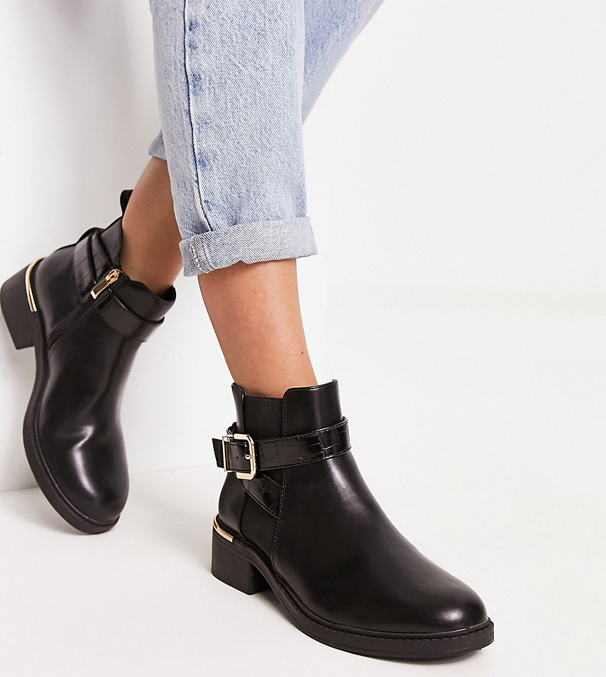 New Look Wide Fit flat boot with buckle detail in black