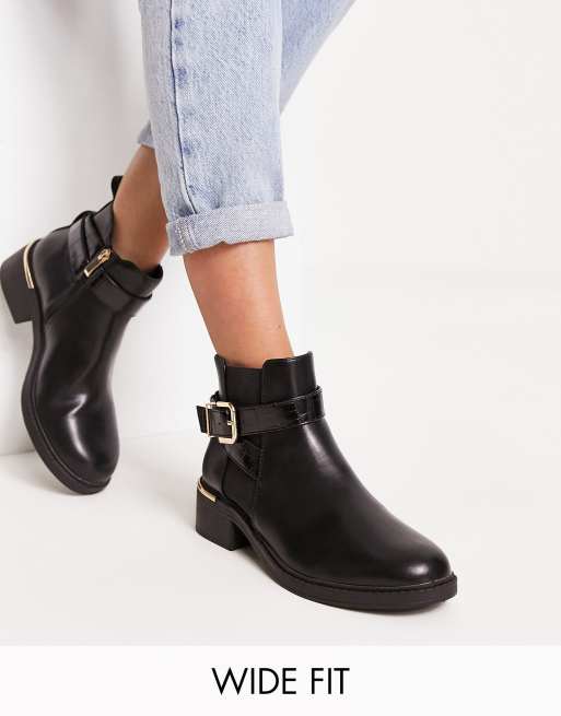 New Look Wide Fit flat boot with buckle detail in black | ASOS