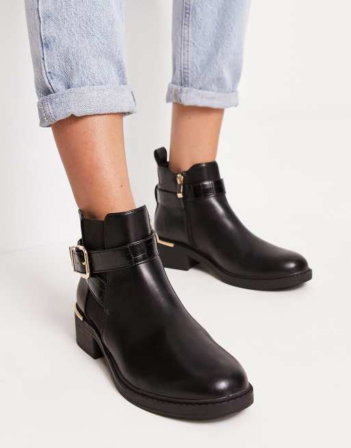 Wide Fit Leather Buckle Ruched Ankle Boots