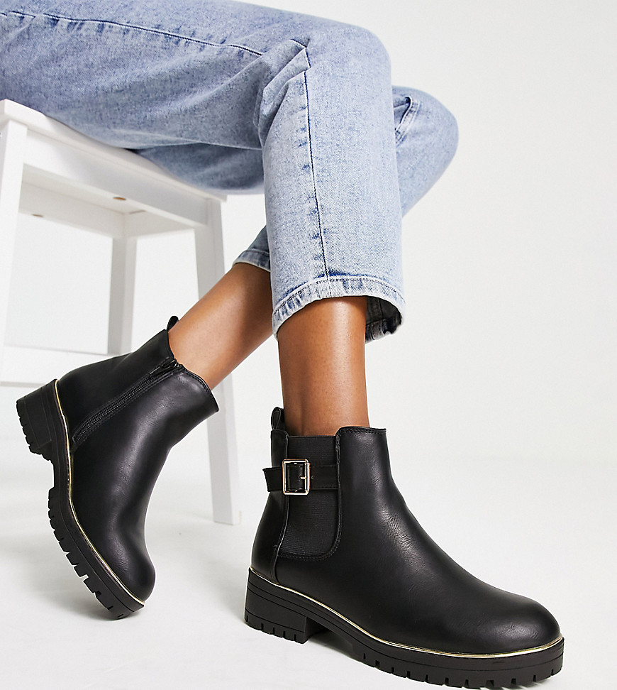 New Look Wide Fit flat chunky chelsea boot with buckle detail in black