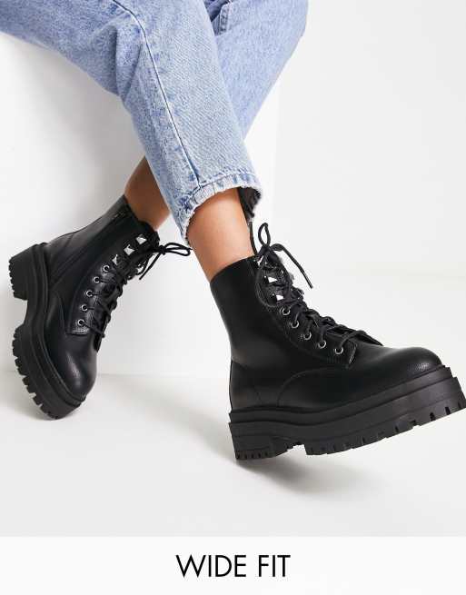 New Look Wide Fit flat chunky lace up boot in black ASOS