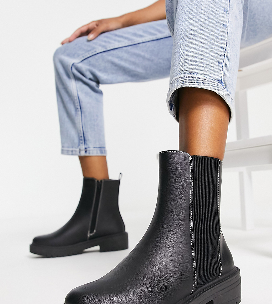 New Look Wide Fit flat high ankle chunky chelsea boot in black