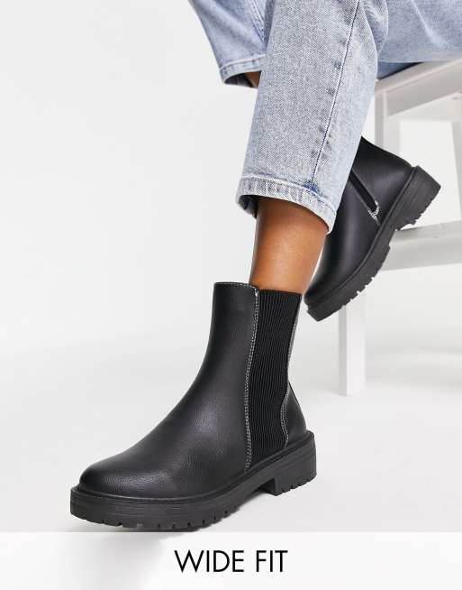 New Look Wide Fit flat high ankle chunky chelsea boot in black