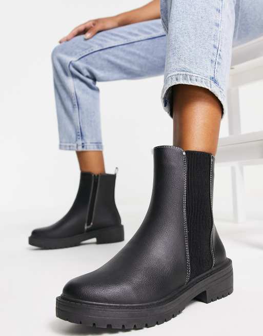 New Look Wide Fit flat high ankle chunky chelsea boot in black | ASOS
