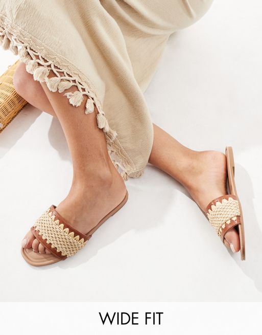 New Look Wide Fit flat sandal with raffia pattern in tan