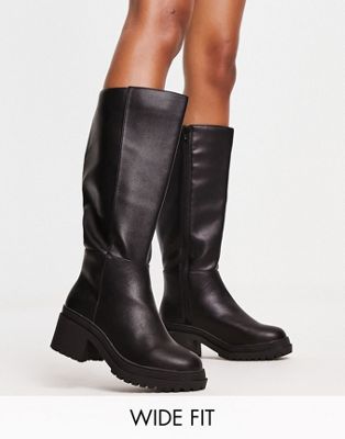 New Look Wide Fit heeled knee high chunky chelsea boot in black