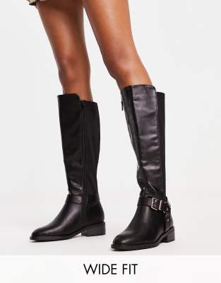 New Look Wide Fit heeled knee high chunky chelsea boots in black | ASOS