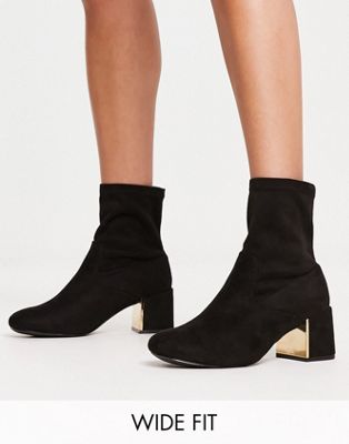 New Look Wide Fit heeled sock boot with metal detail in black