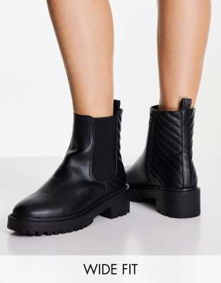 New Look Wide Fit high ankle quilted detail flat boot in black | ASOS