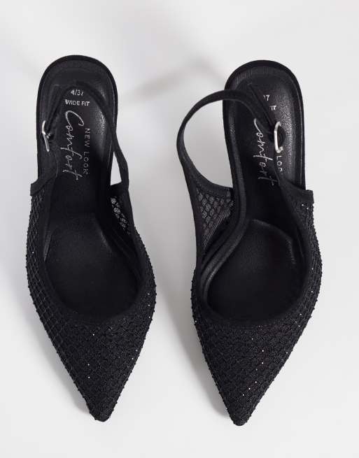 New Look Wide Fit hotfix diamante mesh slingback heel in black, 2 of 4