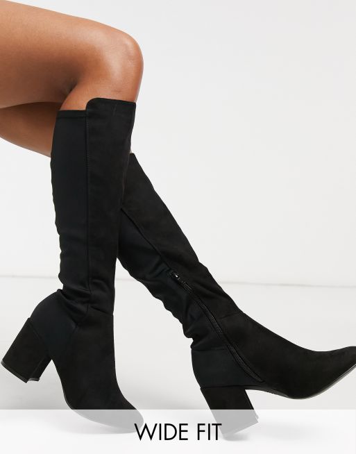 New Look - Wide Fit – Kniehohe, elastische Stiefel mit Blockabsatz in Schwarz