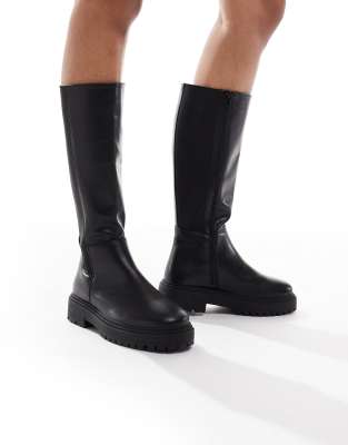 New Look Wide Fit - Kniehohe Stiefel in Schwarz mit dicker Sohle