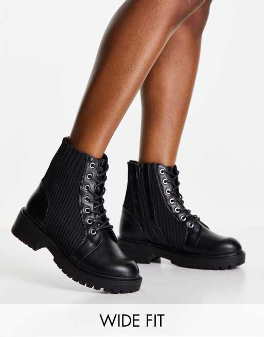 New Look Wide Fit knitted lace up flat boot in black ASOS