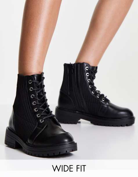New Look Wide Fit knitted lace up flat boot in black - view 1