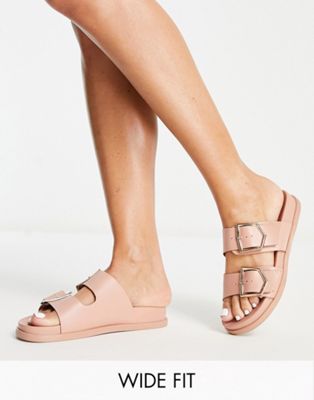New Look Wide Fit leather look buckle sandals in Pink