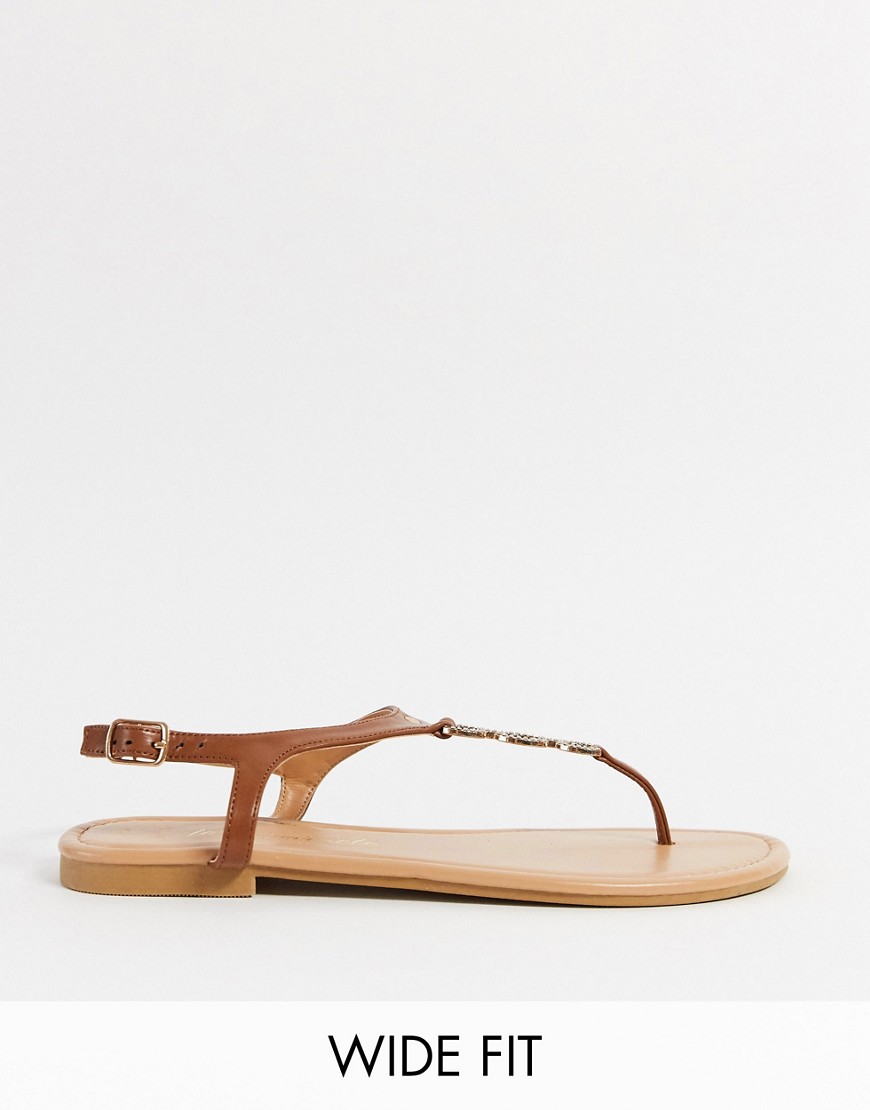 New Look Wide Fit – Ljusbruna, platta sandaler med tårem-Guldbrun