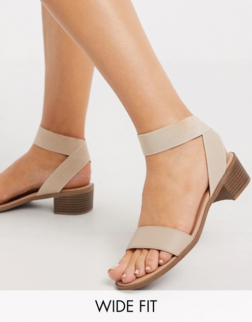 New Look Wide Fit low block heeled sandals with elastic straps in oatmeal