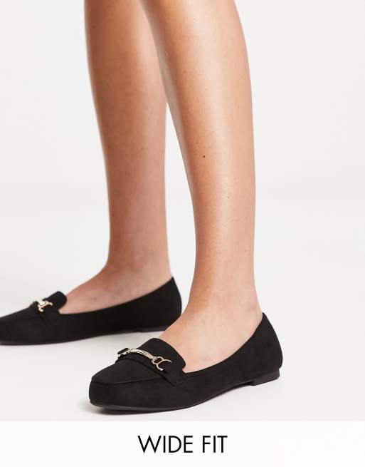 New Look Wide Fit - Mocassini neri in camoscio sintetico con morsetti a pianta larga