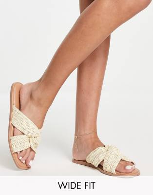 New Look Wide Fit – Mules aus Bast in gebrochenem Weiß mit Knotendetail