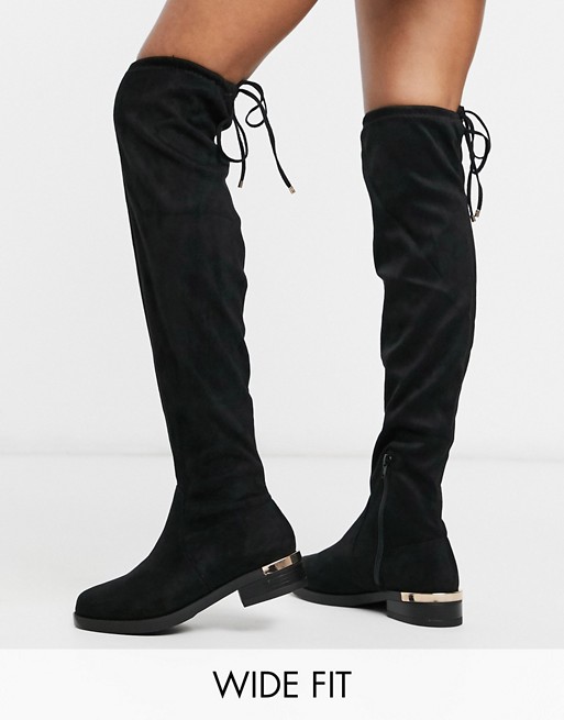 New Look Wide Fit over the knee suedette flat boots in black