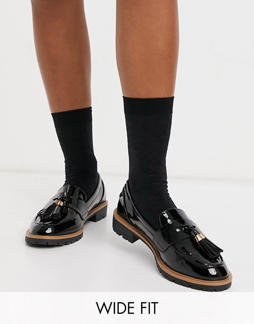 New Look Wide Fit patent chunky loafer in black