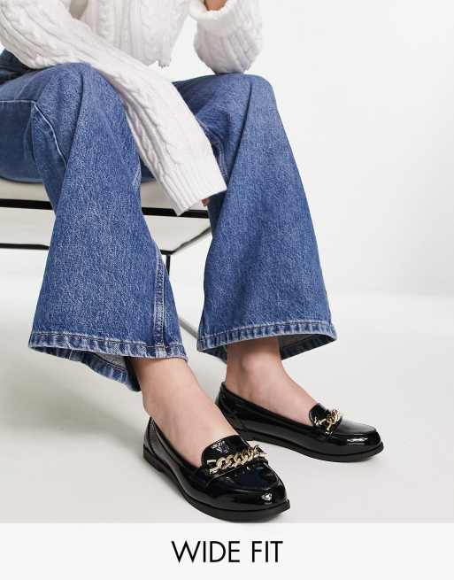 New Look Wide Fit patent snaffle loafers in black