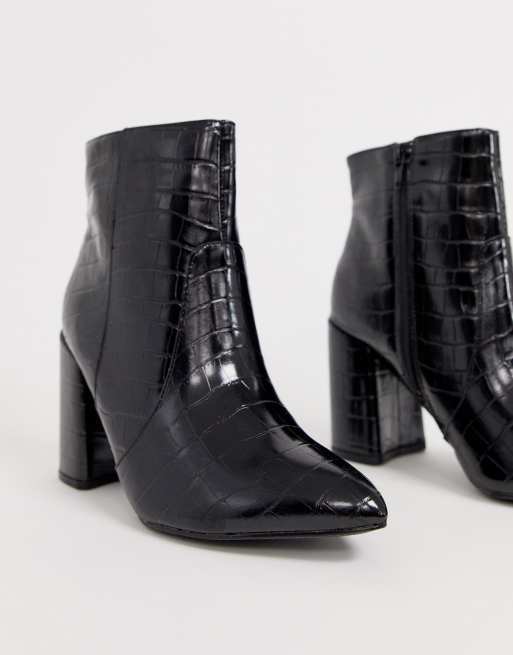 New look pointed block shop heeled boots in black croc