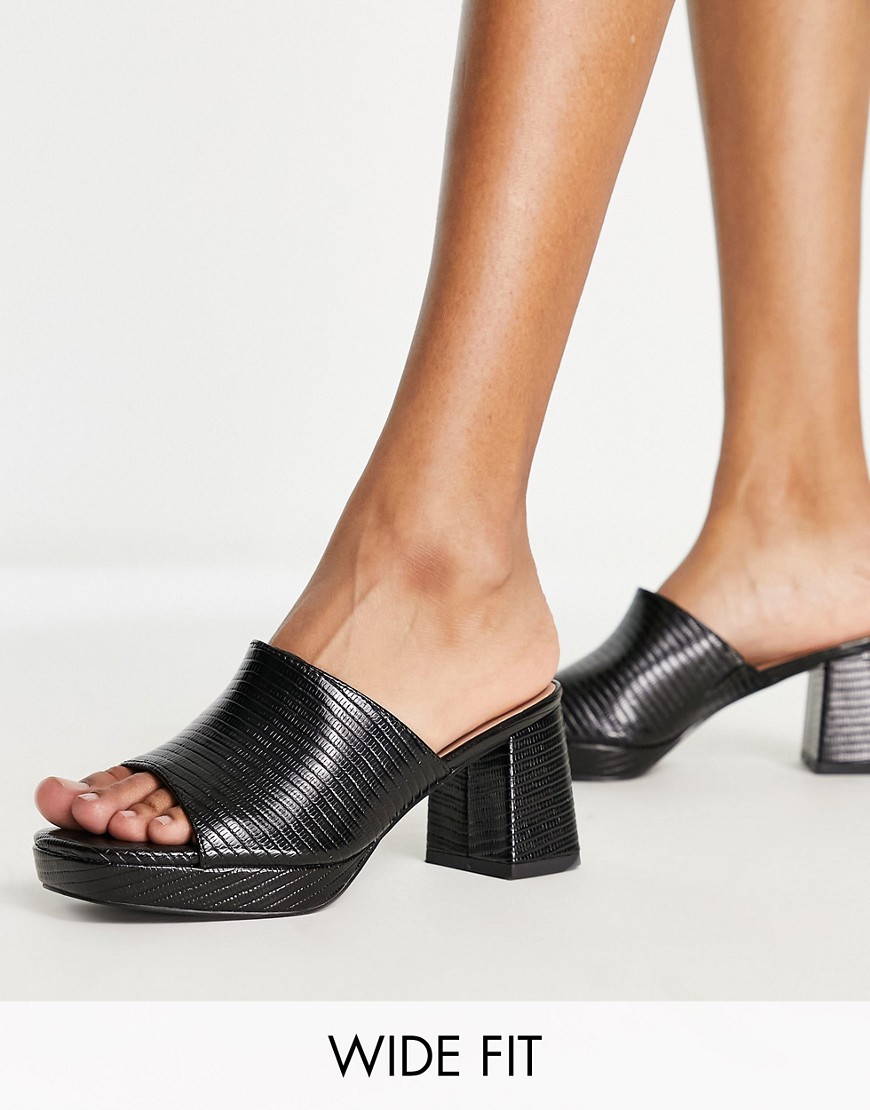 New Look Wide Fit PU chunky heeled platform mule in black lizard