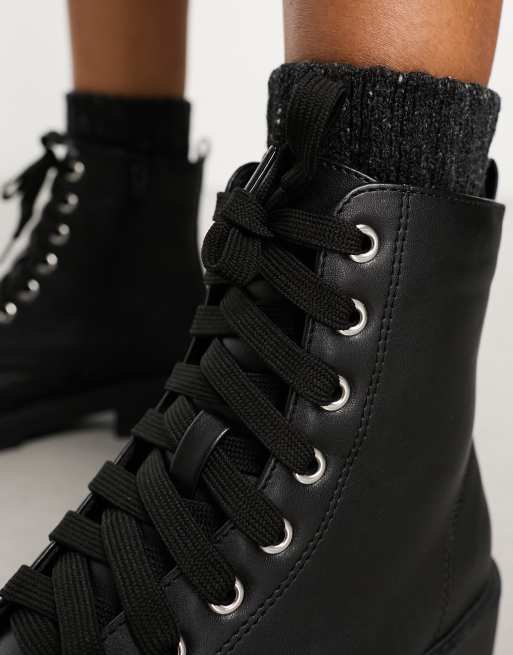 New Look Wide Fit PU contrast stitch lace up boots in black