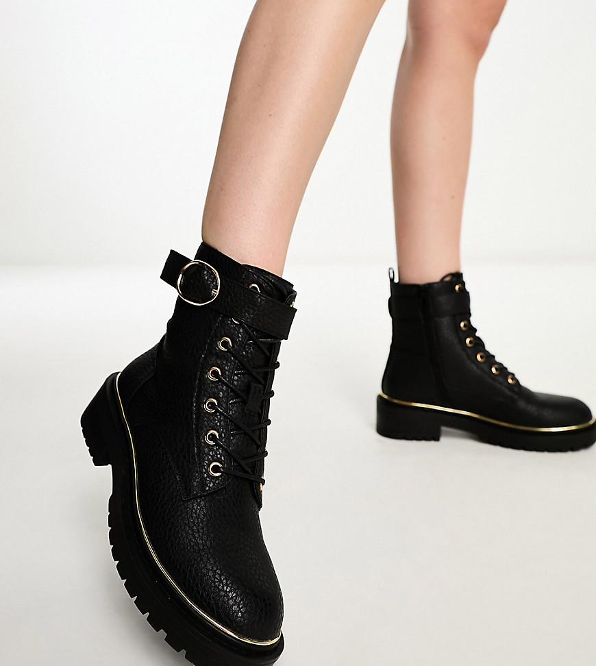 New Look wide fit PU lace up boot with hardware in black
