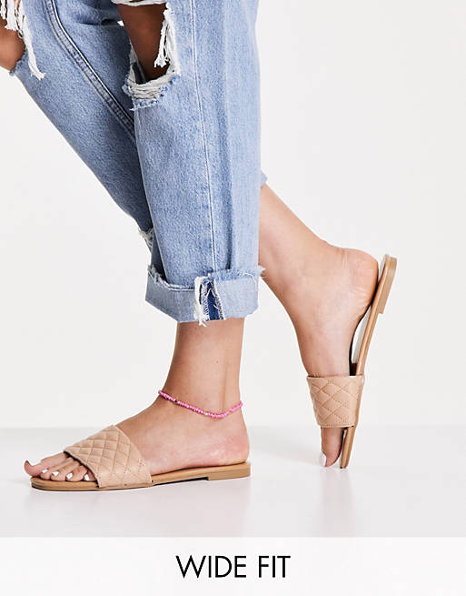 New Look Wide Fit quilted flat mule sandal in oatmeal